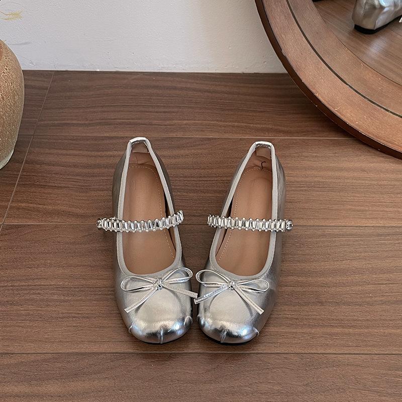 Silver Mary Jane Ballet Flats for Women Slip-On Shoes Rhinestone Ankle Strap Bow Detail Comfortable Wedges Casual Pumps Size 35 39 серебряный 3770₽
