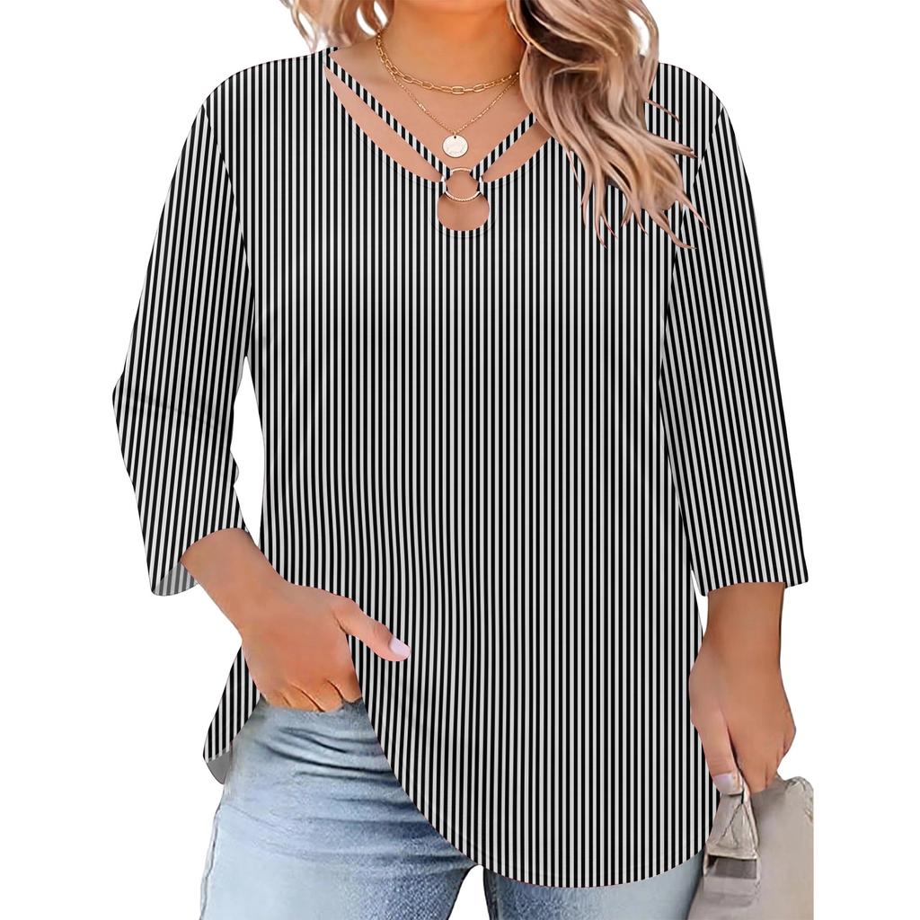 Women's Plus Size Floral Print Three-Quarter Sleeve Top, Casual Blouse, Loose Fit Tunic for Spring Summer, Daily Wear, Work, and Going Out