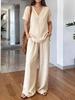 2026 Casual Women's V-Neck Pullover & Long Pants Set In Washed Cotton, Short Sleeve, Multi-color