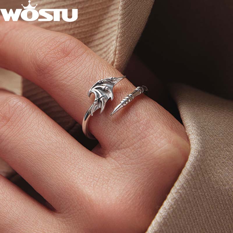 WOSTU 925 Sterling Silver Edgy Gothic Demon Wing Claw Ring For Women Retro S925 Silver Punk Adjustable Rings Halloween Gift