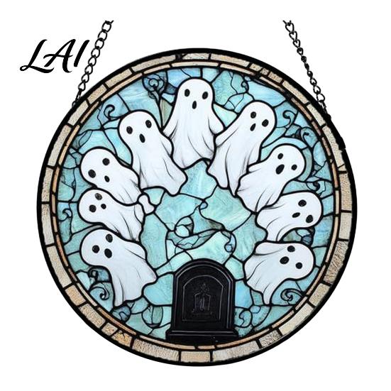 Creative Halloween Souvenirs Stained Glass Suncatcher Ornament Vintage Hanging Window Decor with Pumpkin Ghost Bat Witch Decorations Hat Pattern,
