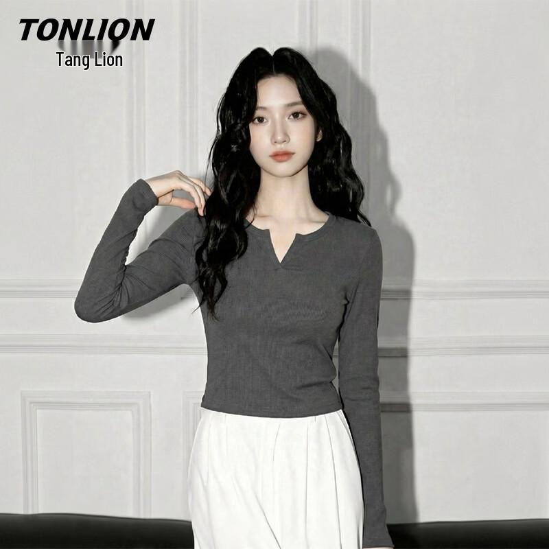 TonLion Women s Slim-Fit V-Neck Long Sleeve T-Shirt L