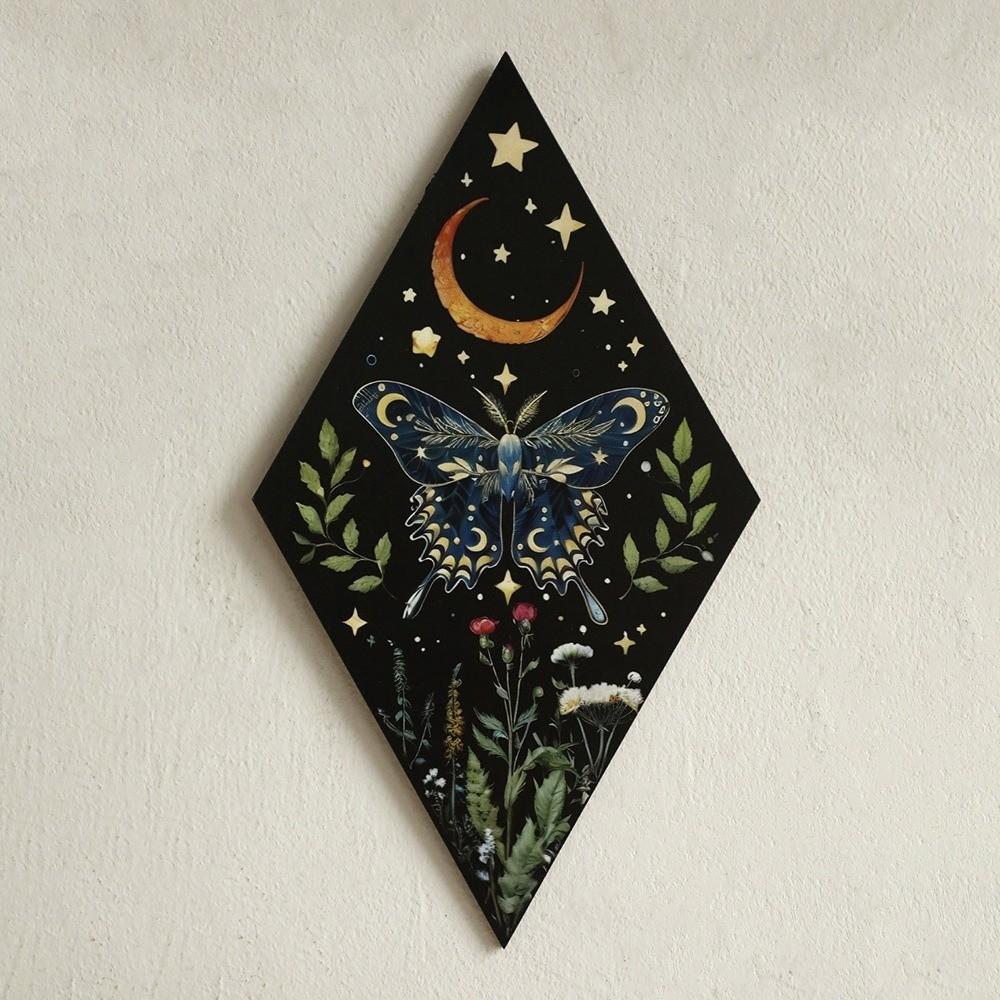 Aesthetic Sun Moon Wooden Wall Decor Dark Style Flower Butterfly Wall Decor Boho Rhomboid Shape Wall Art Sign Bedroom