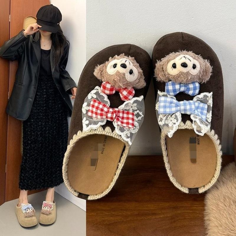 Wear cartoon lace bag head half drag women's autumn new bow thick bottom heightening Boken slippers