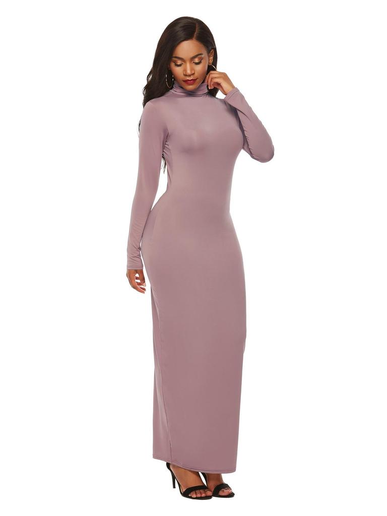 Elastic High-Neck Long-Sleeve Maxi Dress