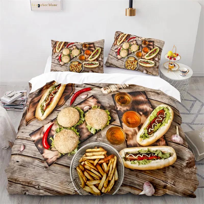 Kreativer Fast Food Bettbezug Pizza Hamburger Druck Bettdeckenbezug Mikrofaser Bettwäscheset King Queen für Kinder Teenagerzimmer Deko