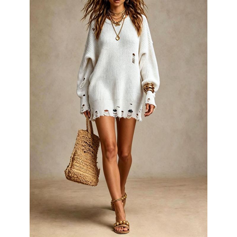 In-Stock Elegant Round Neck Long Sleeve Knit Dress - European & American Street Style