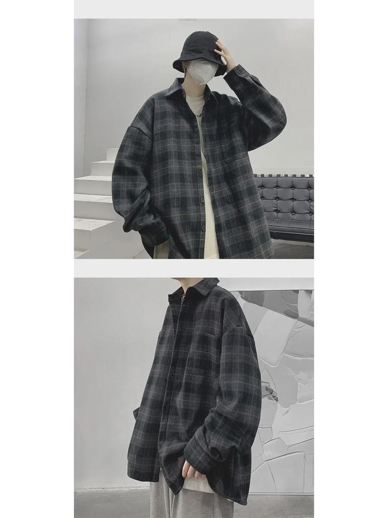 Men's Long-Sleeve Plaid Jacket - 2023 Spring/Autumn Hong Kong Style, Japanese-Inspired Workwear Shirt
