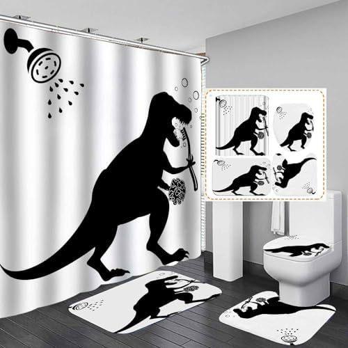 4-Piece Dinosaur And Microphone Pattern Shower Curtain With Hook Bathroom Compartmentary Curtain Bathroom Accessories Home Decor