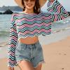 Spring/summer New Women's Pullover Patchwork Short Sleeve Crewneck Striped Knit Bikini Beach Cover-up