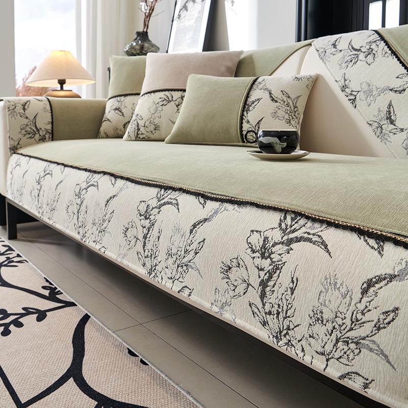 European Style Chenille Sofa Mat Non-slip Solid Color Couch Cushion Light Luxury Sofa Cover Splicing Jacquard Edge Sofa Cushion