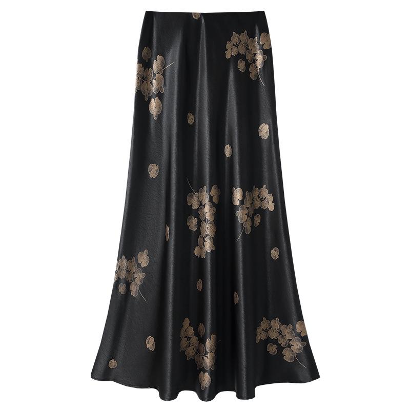 

Women s Black and Gold Satin Print A-line Midi Skirt, High-Waisted Summer Fashion 2025 XL