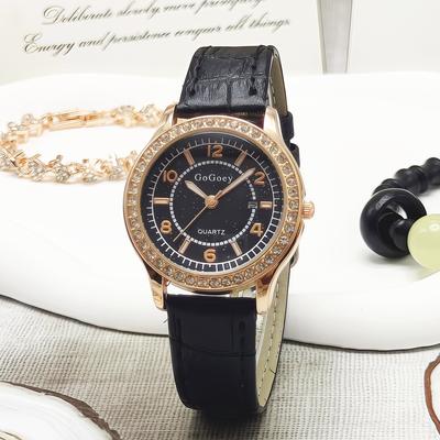 Damen Quarzuhr Leuchtende Strasssteine Lederarmband Sternenhimmel Zifferblatt Armbanduhr