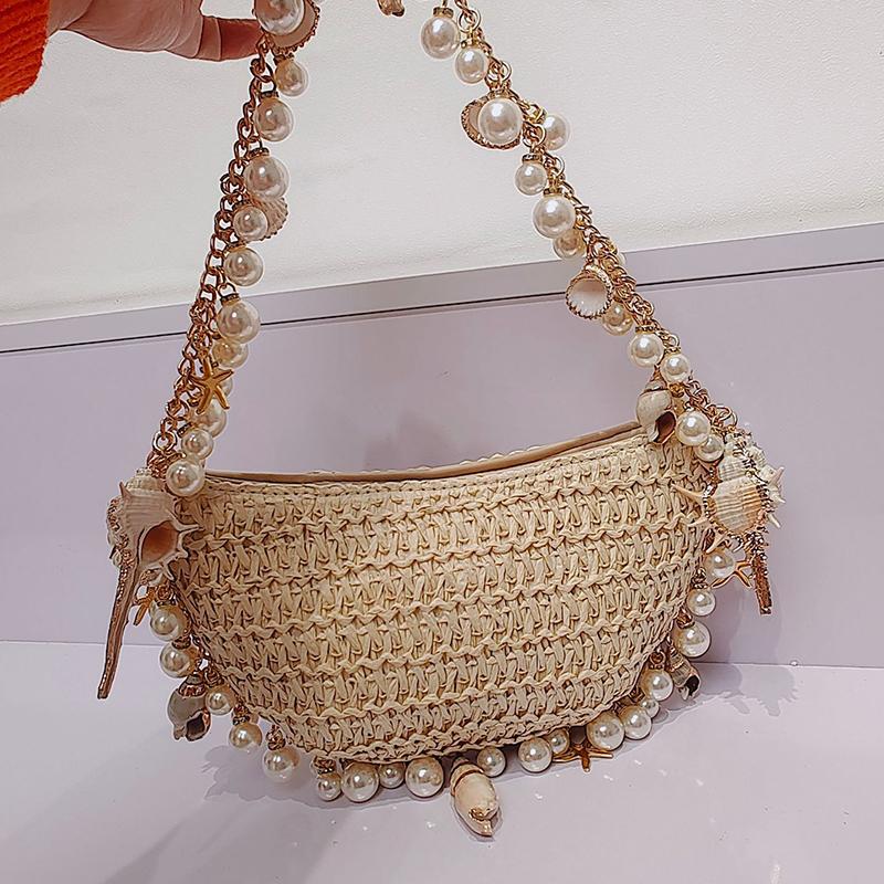 Yogodlns Women's Bohemian Straw Bag Pearls Shell Hand-Woven Handbags Handwoven Conch Starfish Beach Bag Rattan Half Moon Shoulder Bags