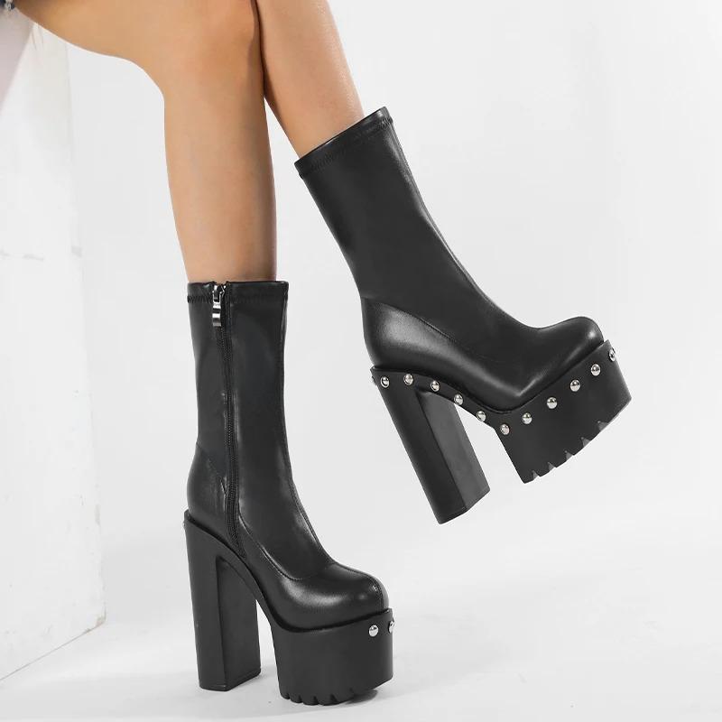 Fashion 14cm Heeled Platform Ankle Boots Woman Round Toe Autumn Shoes Punk Chunky Motorcycle Boots Big Size 43 Ladies High Heels