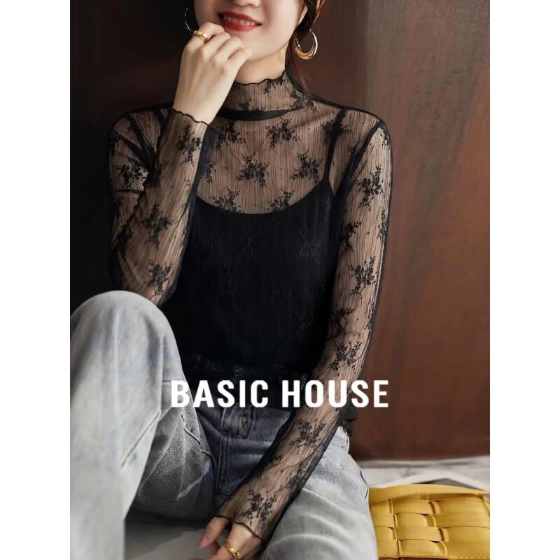 Basic House Women s Semi-High Neck Lace Long Sleeve T-Shirt One Size