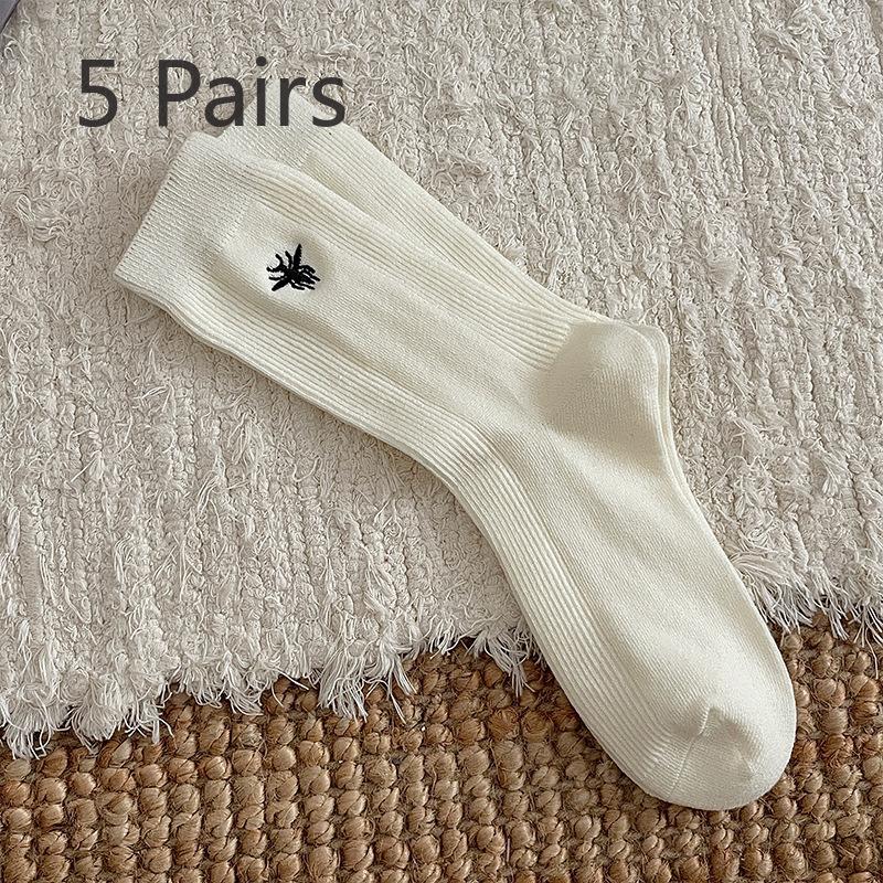 5 Pairs Autumn and Winter New Wool Socks Fashion Embroidery Bee Ankora Red Light Luxury Niche Mid-calf Socks