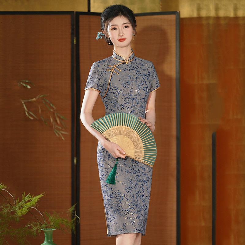 Medium and long national style new Chinese style improved cheongsam women s high sense retro short sleeve small mother outfit summer M