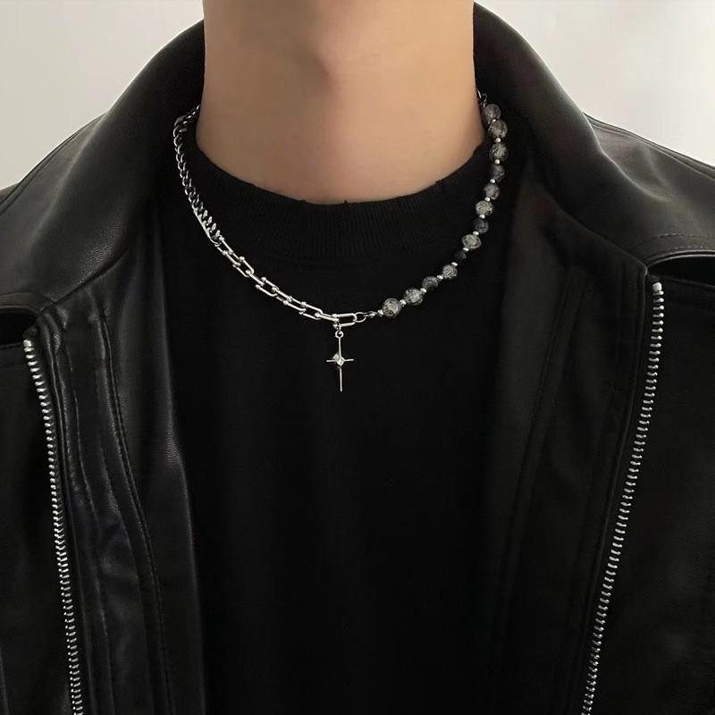 Unisex Hip-Hop Clavicle Necklace with Creative Glass Beads & Four-Pointed Star Pendant