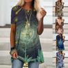 Women's Round Neck Short Sleeve Geometric Print Tunic Top Casual Asymmetrical Hem Blouse