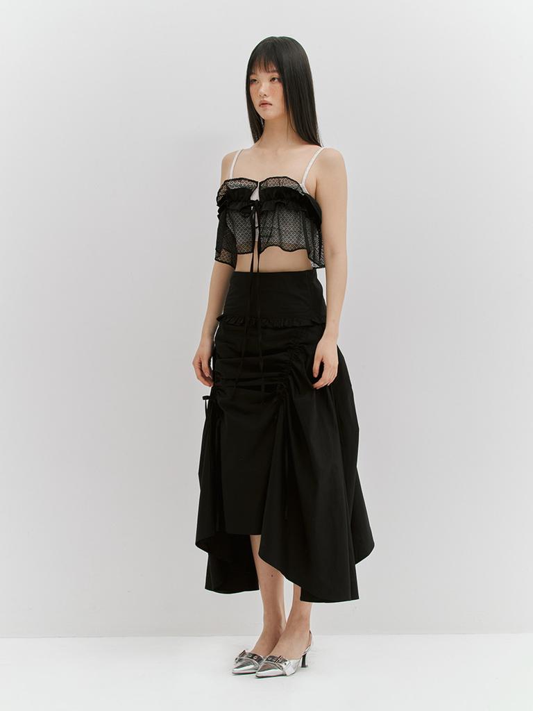 Minderly Shirring Ribbon Long Skirt - Black