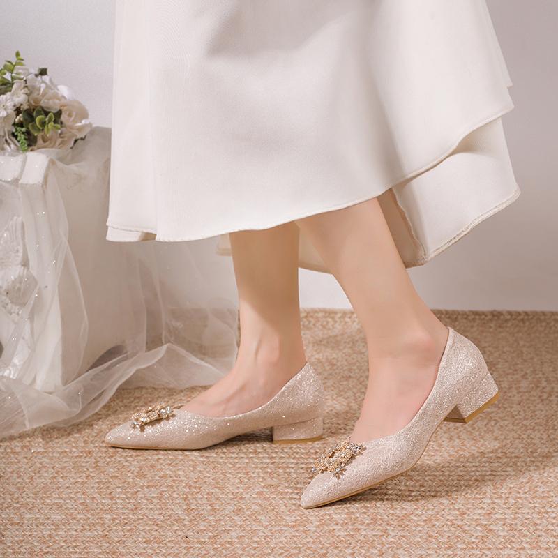 Fashion Crystal Square Button Block Heel Single Shoes Women's Pointed Toe Shallow Mouth Slip Non-Slip Low Heel Shoes