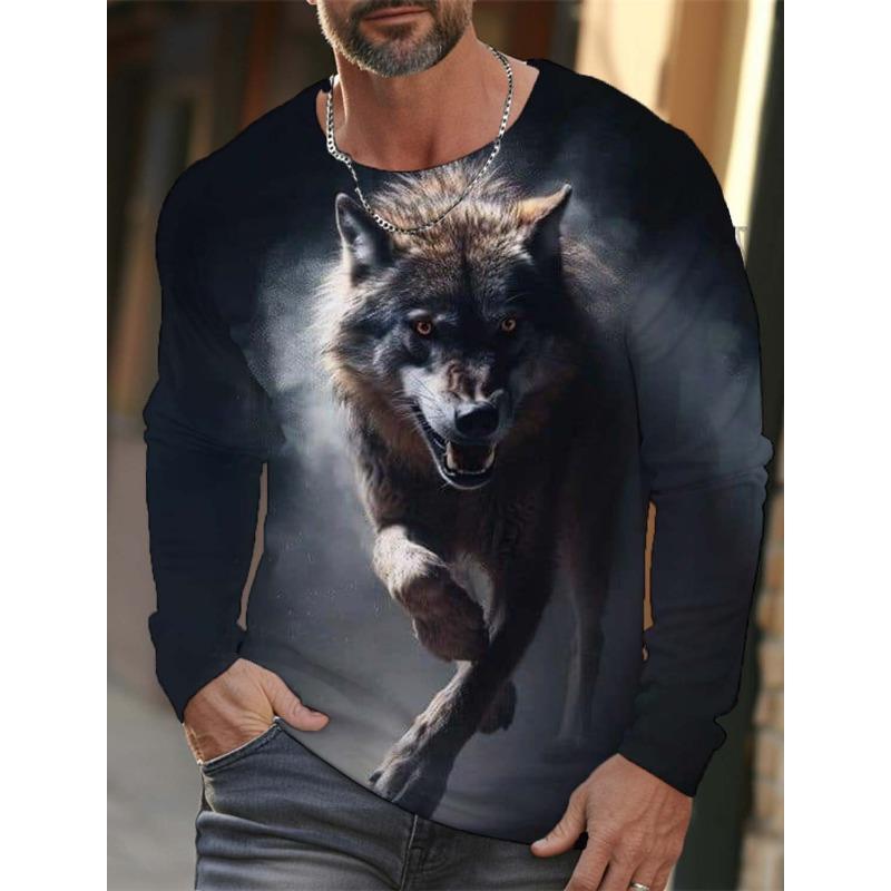 Herren Langarm T-Shirt Tiermuster Wolf 3D Druck Oberteile Tees Mode Lässig Übergroßes T-Shirt Herrenbekleidung