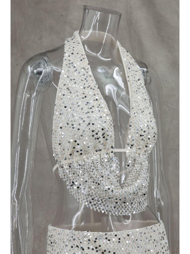 2026 Frühling/Sommer Europäisches & Amerikanisches Pailletten Neckholder Kordelzug Schlitz Rock Set