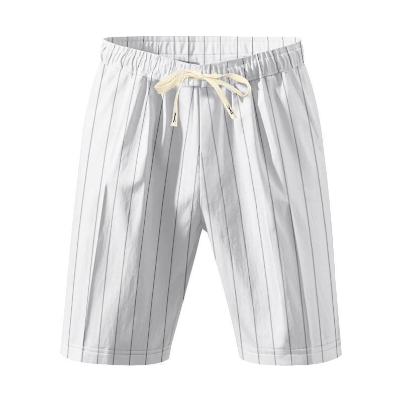 Summer Loose-Fit Beach Linen Breathable Vertical Stripe Jacquard Drawstring Men s Trendy 5-Inch Shorts S