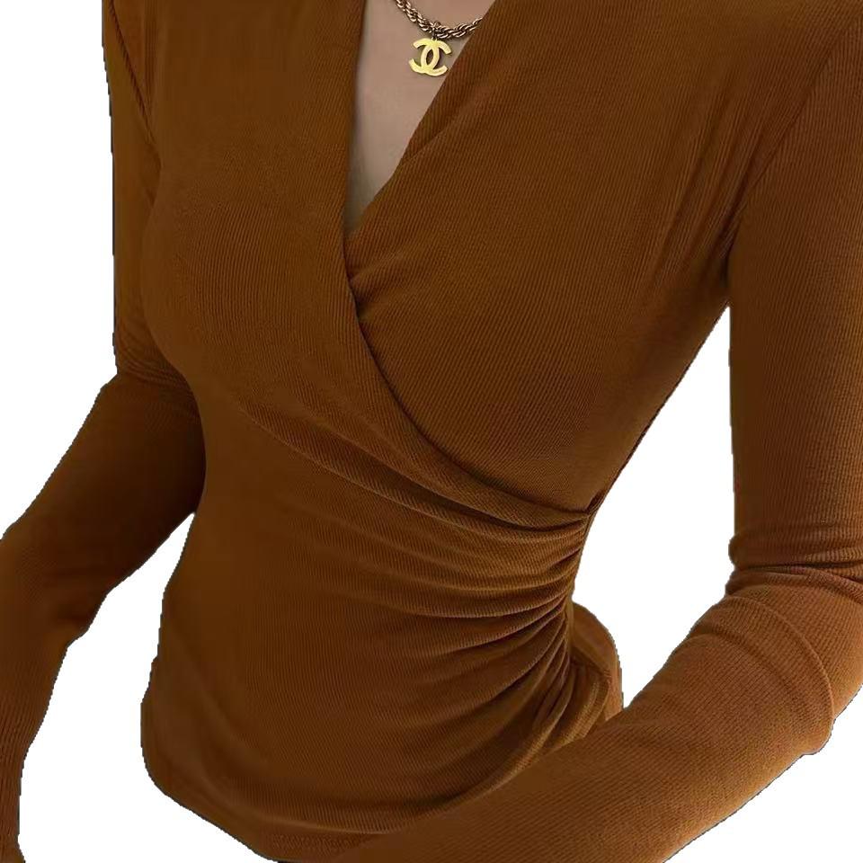 2025 Herbst/Winter Thermisches V-Ausschnitt Schlankmachendes Langarm Koreanisches Mode-T-Shirt für Damen