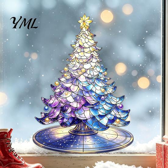 Indoor Outdoor Christmas Decorations Stained Glass Style Tree Static Window Cling, Gradient Starry Sky Colorful Wall Art Xmas Sticker, Reusable