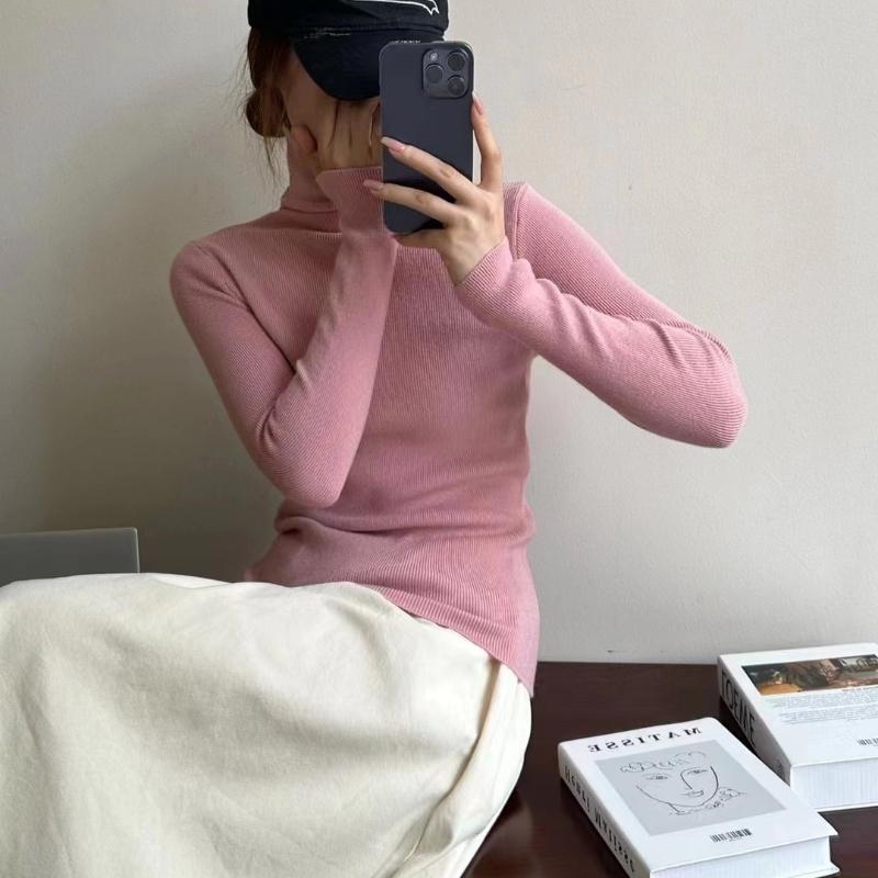 Women's Autumn Winter High Neck Candy Color Slim-Fit Knit Base Layer Simple Long Sleeve Top for Office Wear