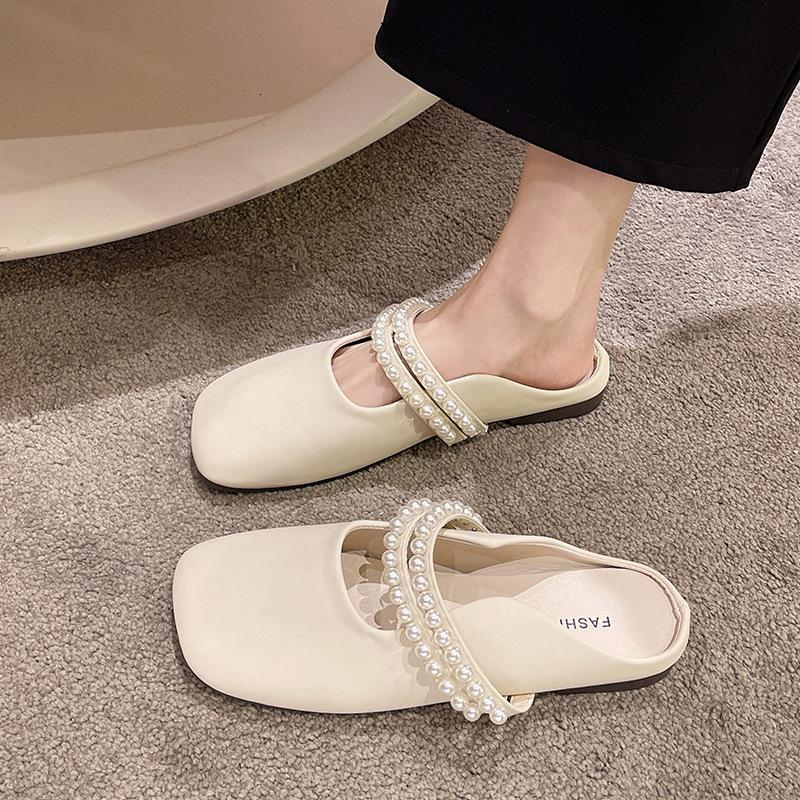 Baotou half slippers women's spring and summer outer wear 2025 new Internet celebrity pearl bow soft bottom fairy wind sandals