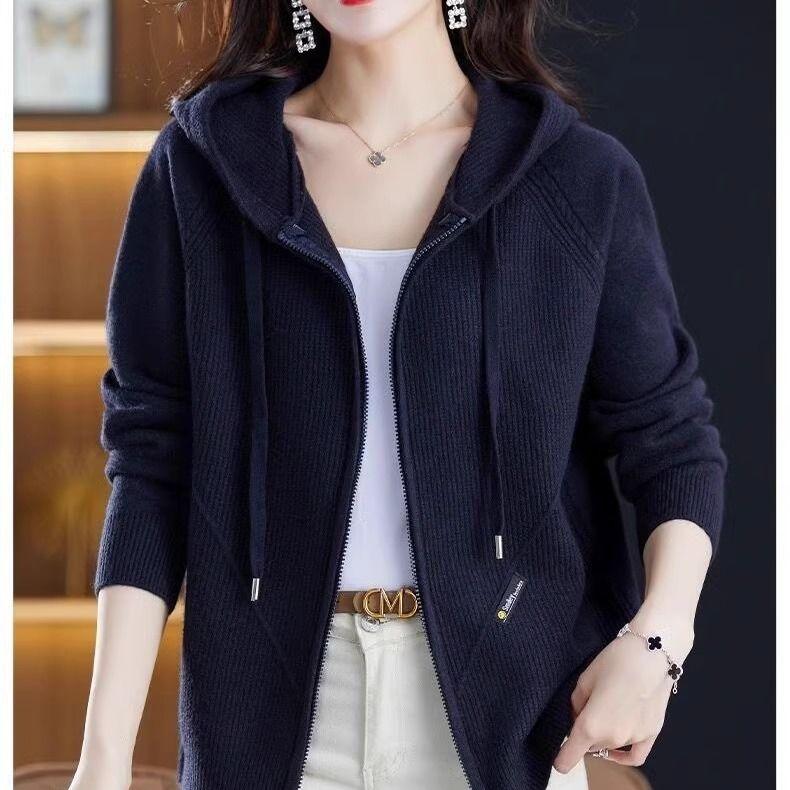 

Вязаный кардиган-куртка для женщин на весну, осень и зиму, свитер на молнии больших размеров, стильный с капюшоном 3XL темно-синий
