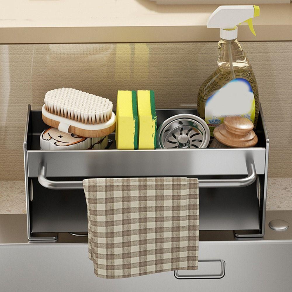 Multifunctional Carbon Steel Sink Drain Rack Compact Rustproof Sink Sponge Holder Self-draining Soap Drainer Towel Rack for Home bianco