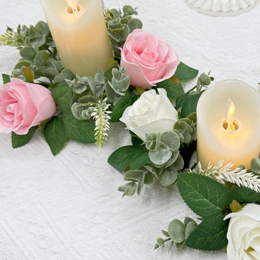 Desktop Decoration Artificial Flower Rose Candlestick Exquisite Creative Candle Holder Reusable Fake Wreath Ring Rustic
