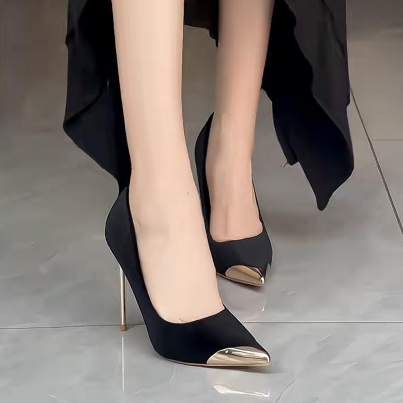 Black High Heels Women's 2025 Spring and Autumn New Metal Pointed Thin Heel Light Mouth Suede French Temperament Sexy Single Shoes