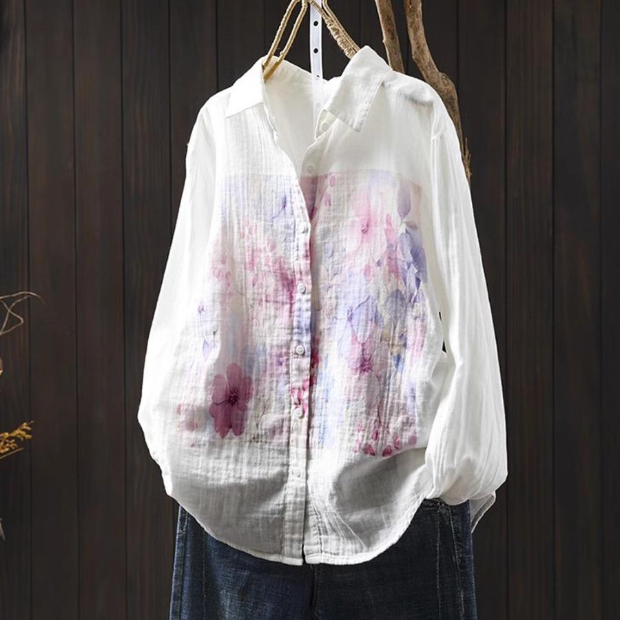 Primavera Otoño Top Blanco Camisas de Hilo de Algodón de Doble Capa Mujer Cuello de Solapa Manga Larga Blusas Estampadas