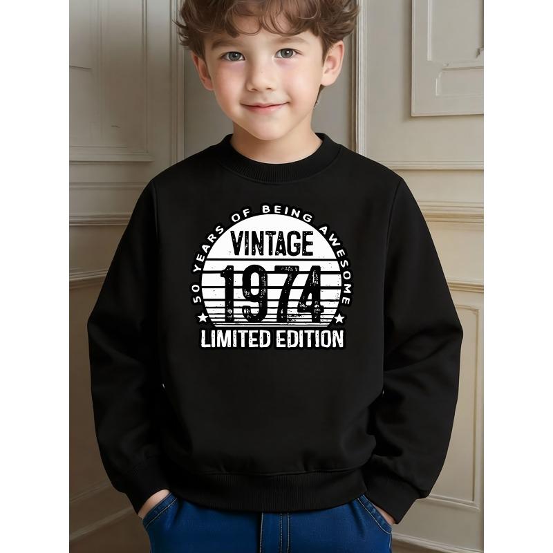 Retro Style Boys' Fifty Years Anniversary Pattern Crewneck Sweatshirt for Daily Wear School Activities And Casual Occasions