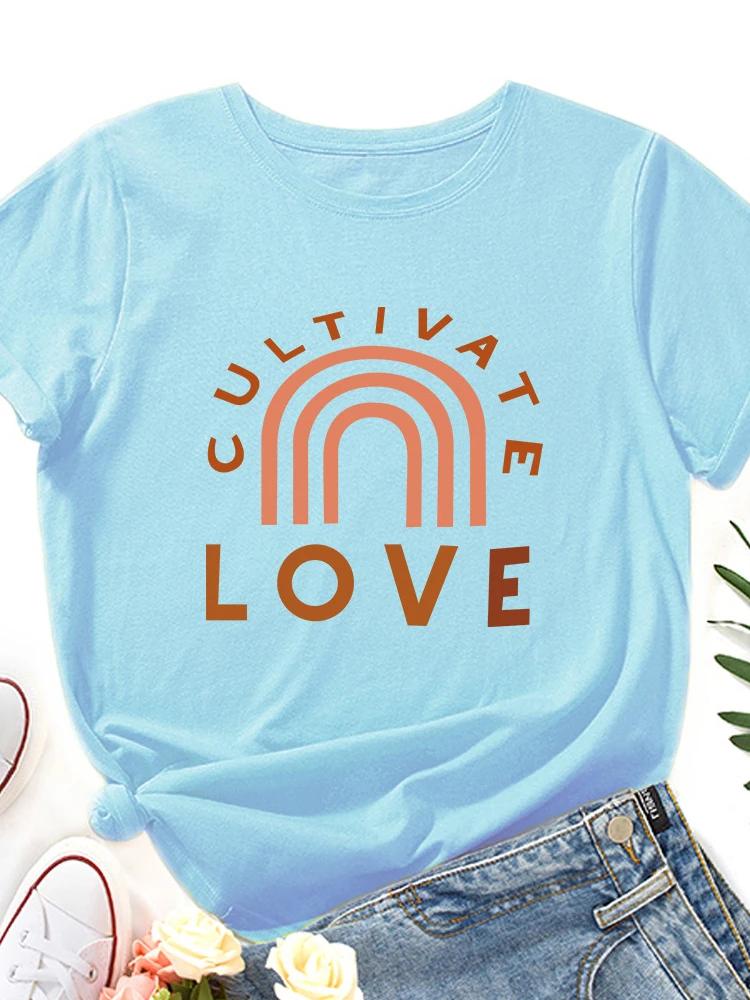 

Радужный принт «Взращивай любовь» Женская футболка с коротким рукавом, круглым вырезом, свободного кроя, женская футболка, женская футболка, топы, одежда, camisetas mujer XXXL небесно-голубой
