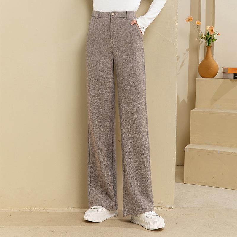 Wool wide-leg pants for women, new autumn and winter high-waisted herringbone loose straight-leg fleece-lined casual pants