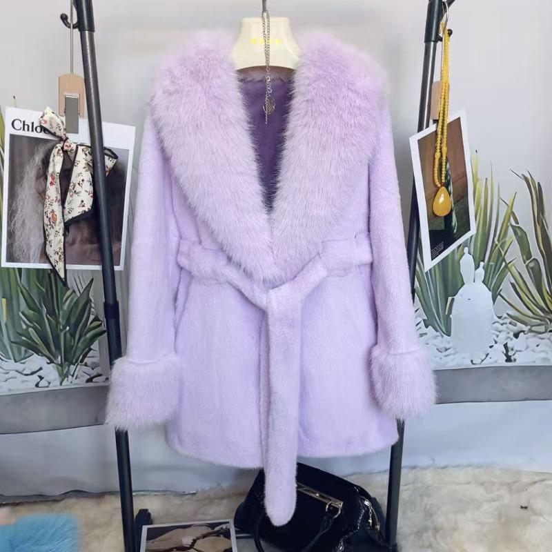 2025 new big fur collar long slim jacket mink imitation fox fur plush coat high fashion version