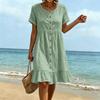 Women's Summer Casual Loose Fit Dress Short Sleeve Round Neck Button Front Midi Dress with Ruffle Hem Lightweight Comfortable Fabric