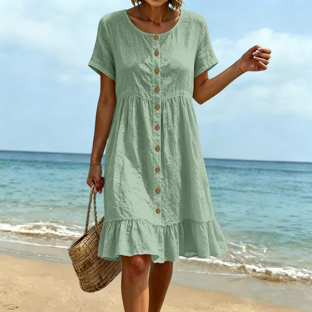 Women's Summer Casual Loose Fit Dress Short Sleeve Round Neck Button Front Midi Dress with Ruffle Hem Lightweight Comfortable Fabric