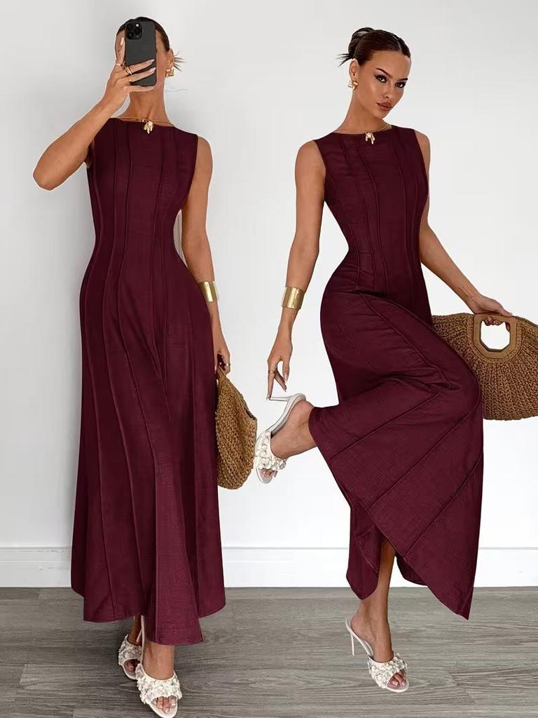 2026 Summer Women's Sleeveless Round Neck Pleated Long Dress - Elegant European and American Style