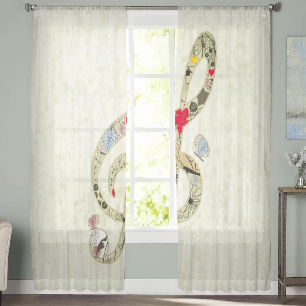Durchsichtige Vorhänge mit Musiknoten für Wohnzimmer, transparenter Tüll, Fensterbehandlungen, Schlafzimmer, Küche, Heimdekoration, Schleiervorhänge
