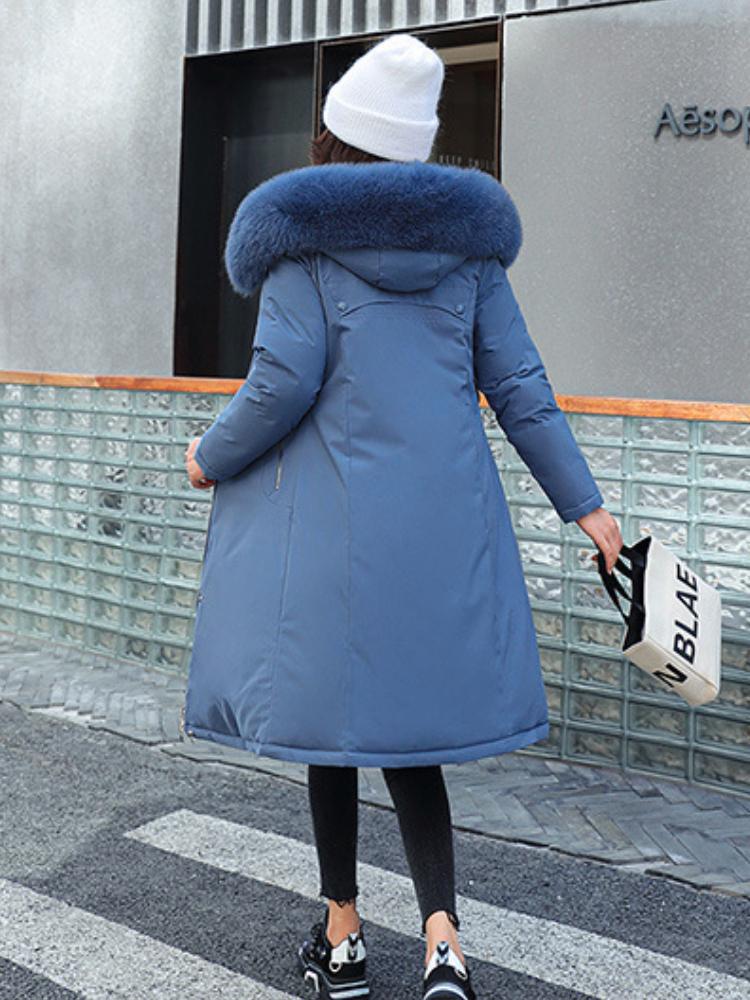 Women's Winter Coat with Faux Fur Hood, Thickened Polyester Raincoat, Korean Style Parka, Solid Color Casual Home Wear Top for Adults
