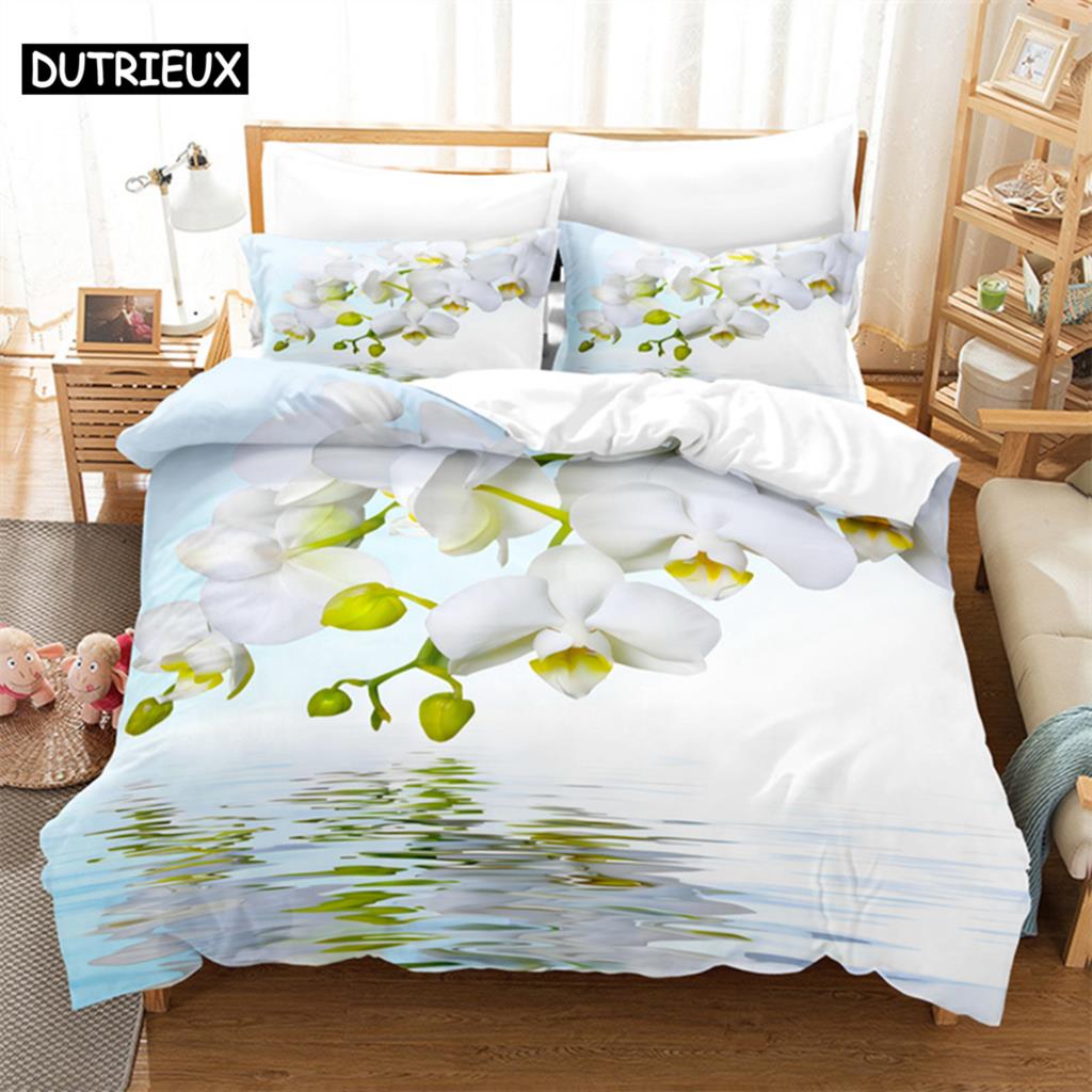 Flowers Green Leaves Queen Bedding Set Duvet Cover Bedroom Bed Set Comforter Cover Set King Size Duvet Cover Set Bedding Sets