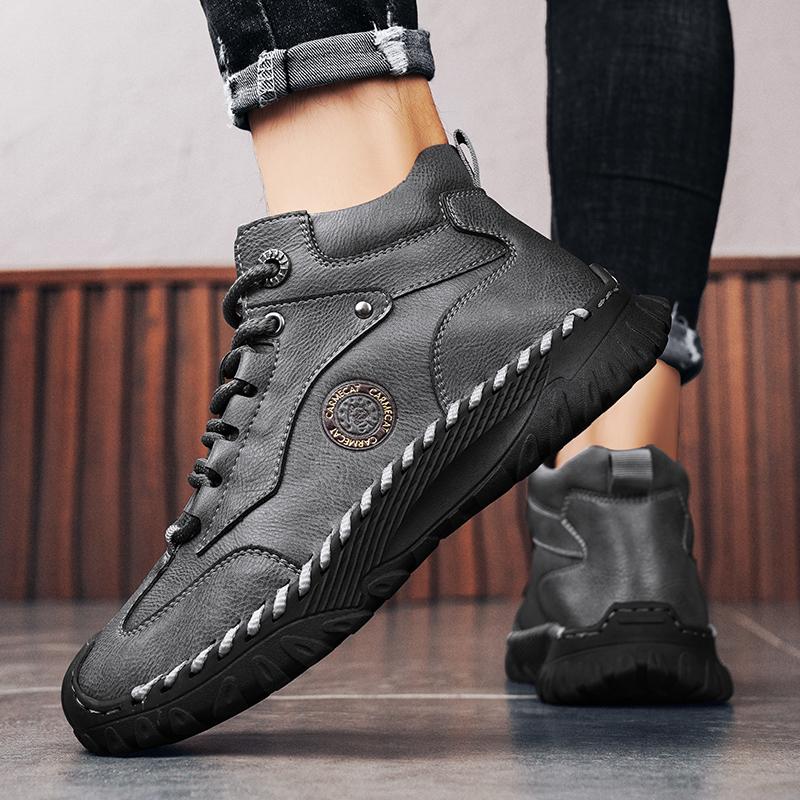 Men's High-top Leather Boots Casual Sneakers Winter Plush Shoes Snow Boots