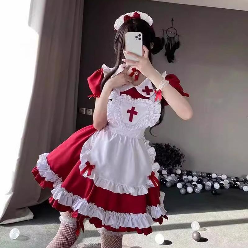 Kostým služky Cosplay Ženy Klasické Šaty služky s krátkým rukávem Oblečení Japonsko Sexy Lolita Zástěra Uniforma Halloween Oblečení zdravotní sestry
